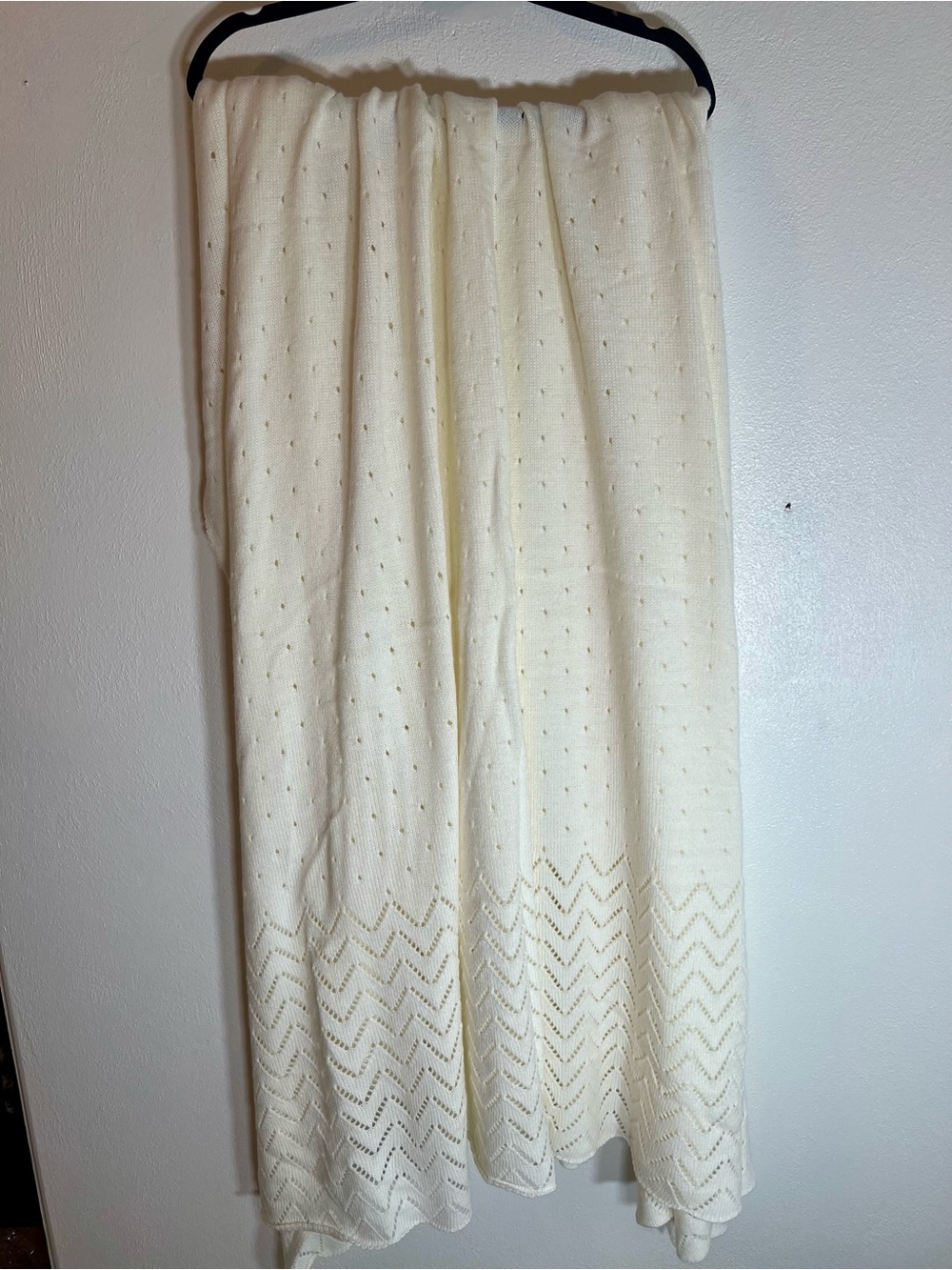 Cream Ivory Open Knit Throw Blanket with Chevron Border